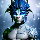 Blue-skinned fantasy creature with tribal tattoos and glowing blue hair