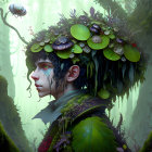 Surreal portrait with forest-inspired headdress and mystical woodland elements