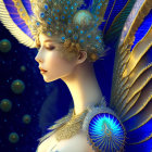 Detailed digital art: Woman in gold & peacock feather headdress, blue & gold attire