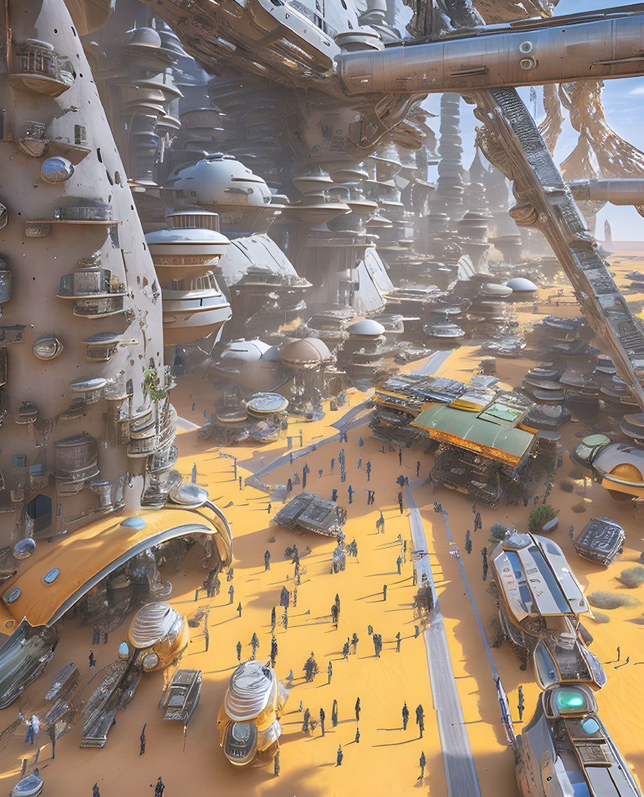 Futuristic desert cityscape with towering structures and busy crowds