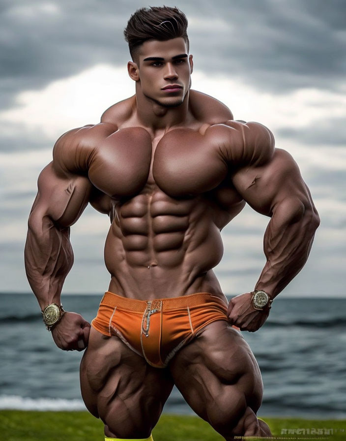 Muscular person in orange swimwear with watch against cloudy sky and calm sea