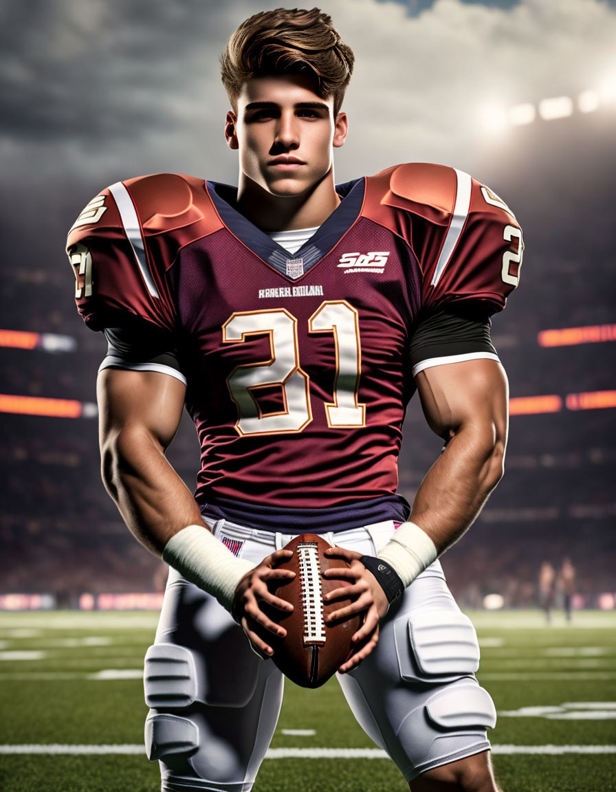 Muscular football player digital art in maroon and gold uniform on stadium background