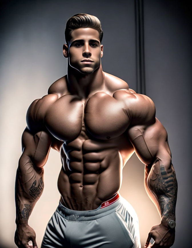 Muscular man with tattoos in athletic wear on gradient background