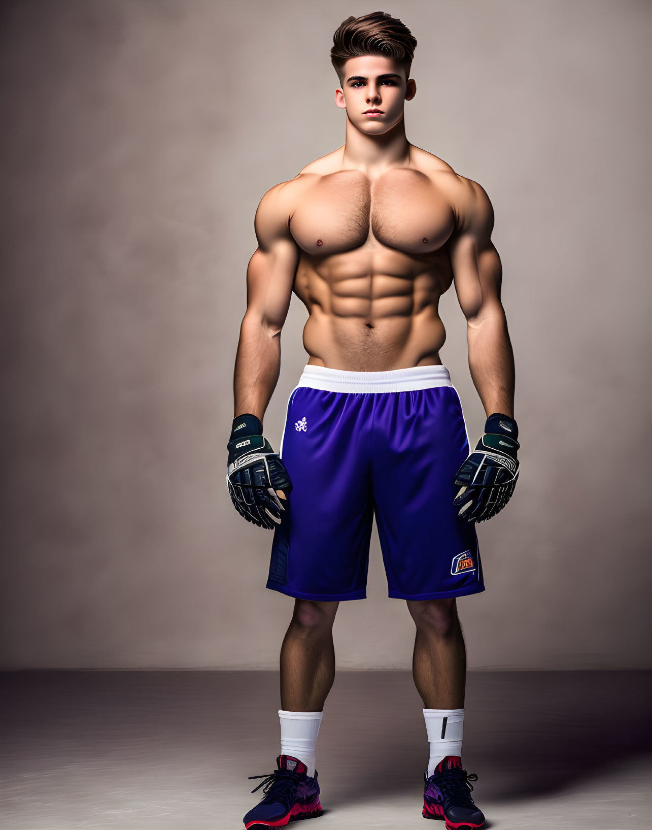 Muscular man in purple shorts and gloves poses confidently