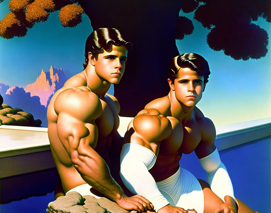 Muscular Men Sitting in Stylized Landscape with Blue Skies