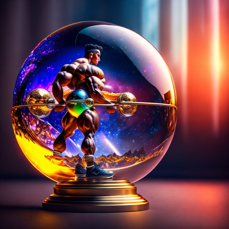 Muscular figure lifting barbell in transparent sphere with cosmic background and mountain silhouette on pedestal with colored lights