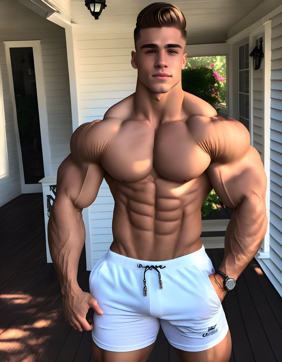 Muscular person in white shorts and watch on porch poses confidently