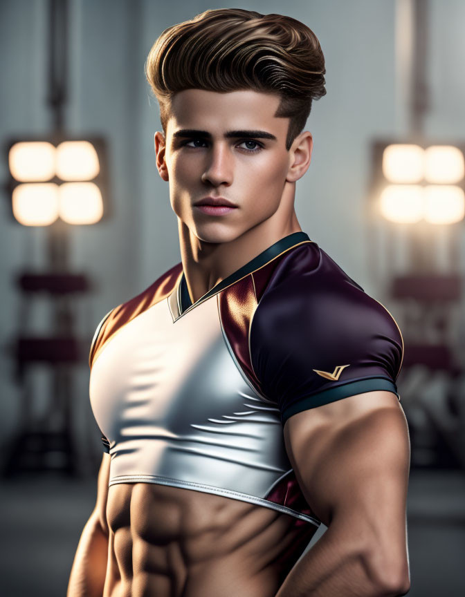 Stylish male model in futuristic sports top poses in gym setting