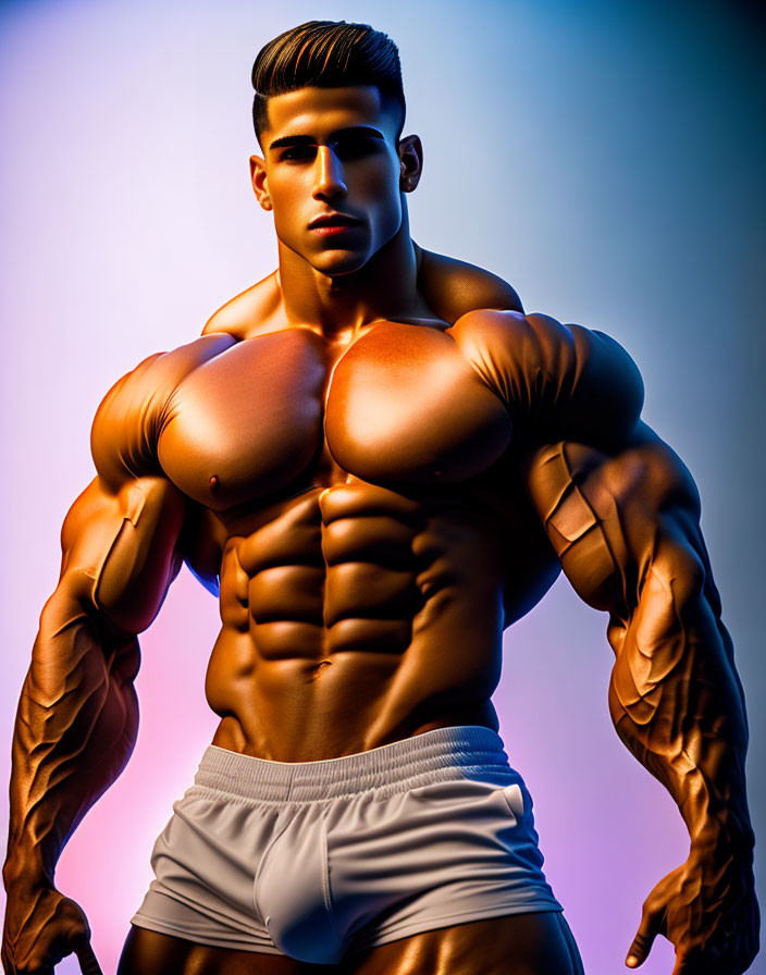 Muscular bodybuilder posing under blue and orange lighting