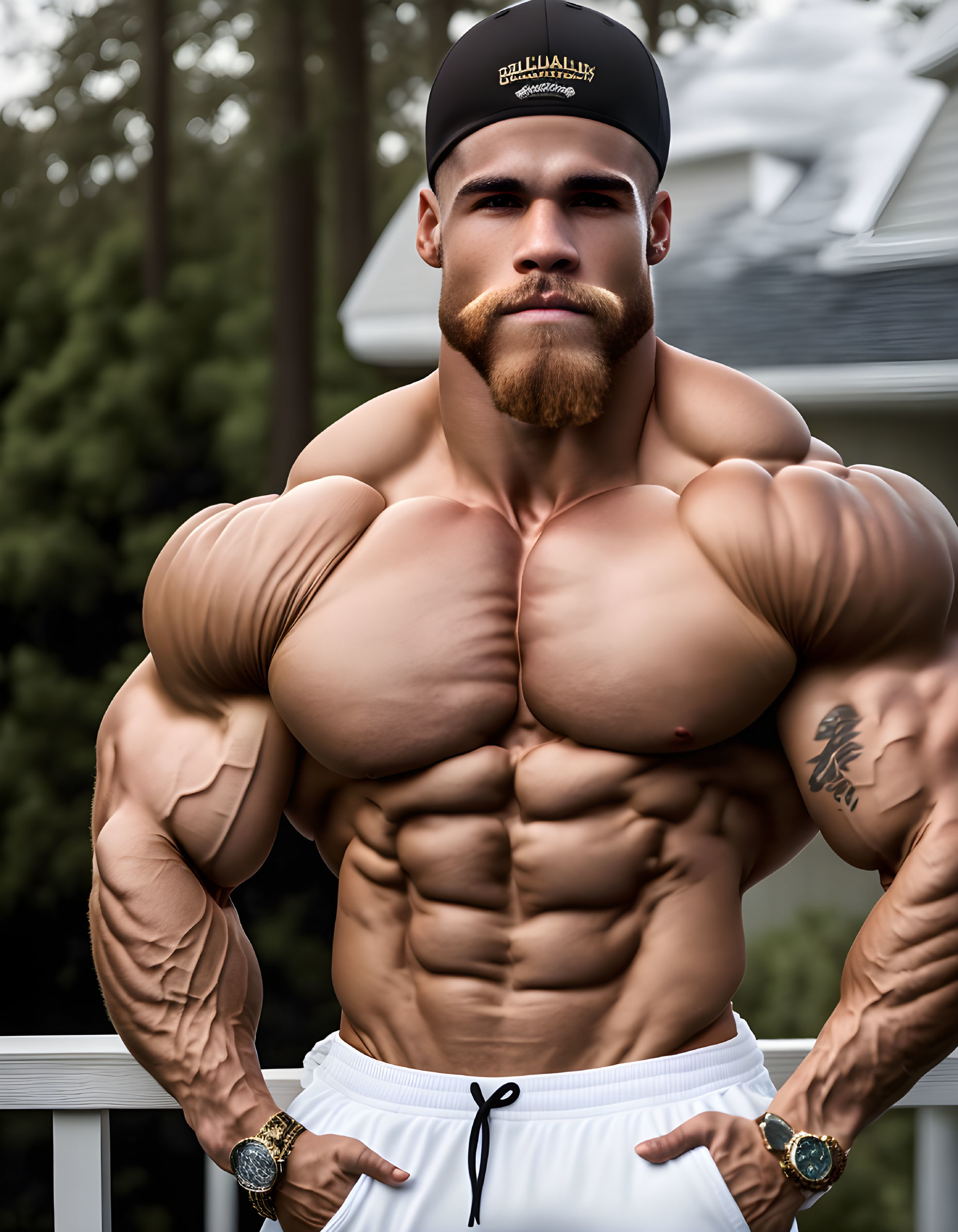 Bearded man in cap displays physique in white shorts outdoors