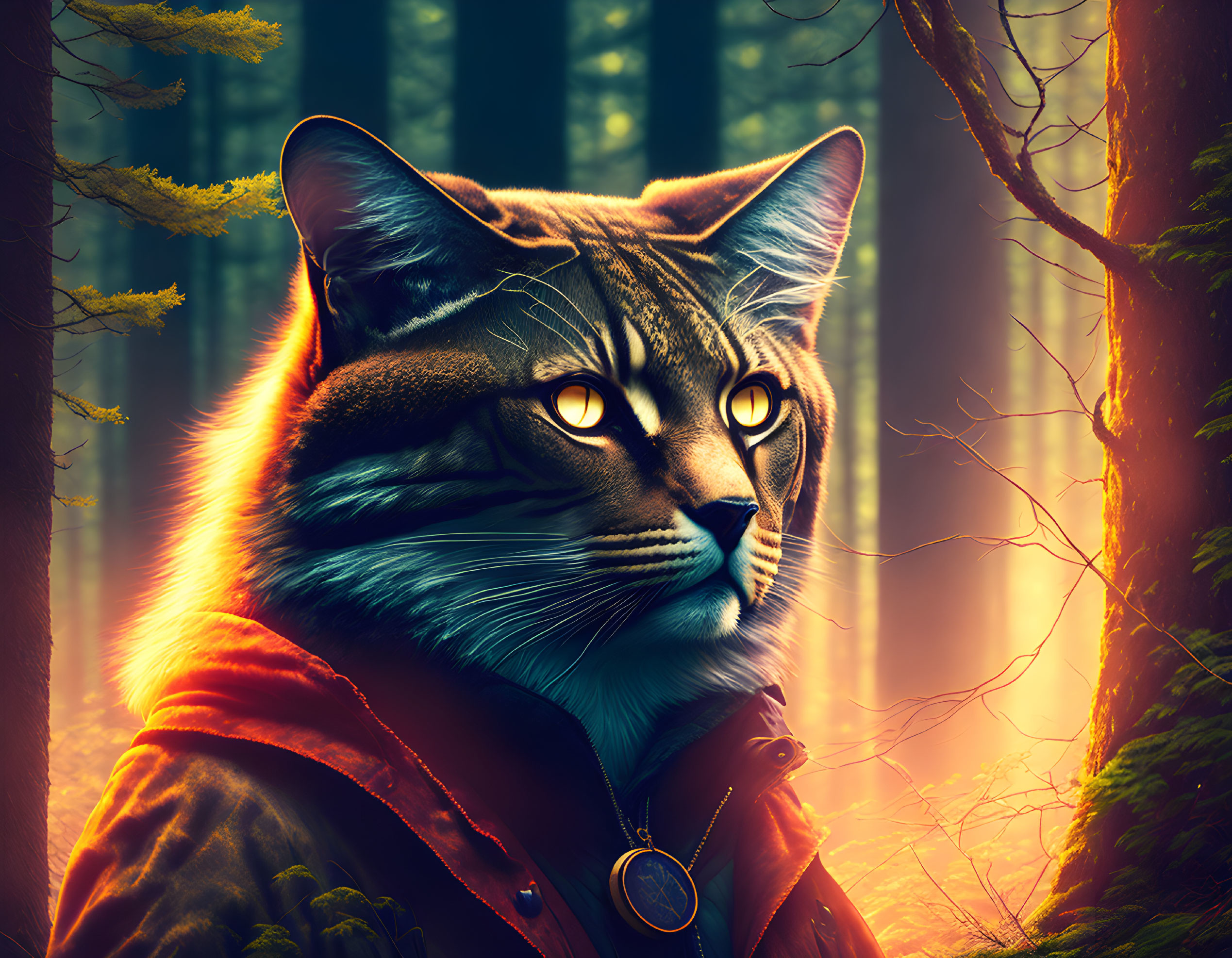 Cat with human-like eyes in red jacket in mystical forest with glowing sunlight