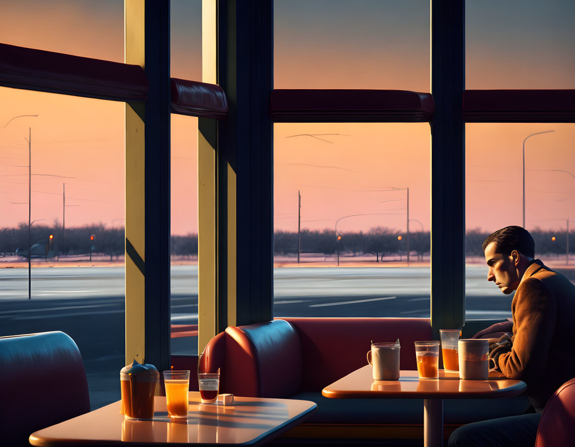 Man at diner table with two drinks, looking at phone, during sunset by tranquil road