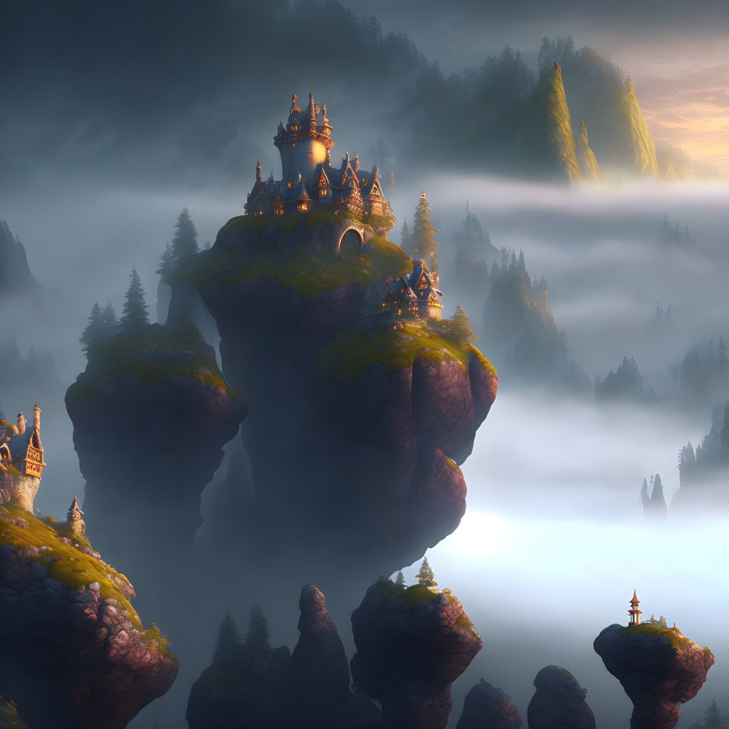 Fantastical floating islands with castles and towers against misty mountains at sunrise