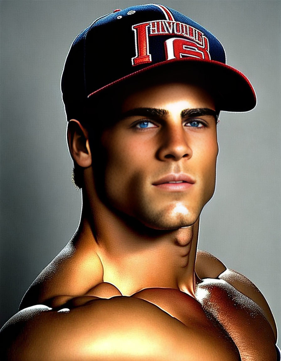 Muscular shirtless person in baseball cap with intense blue eyes