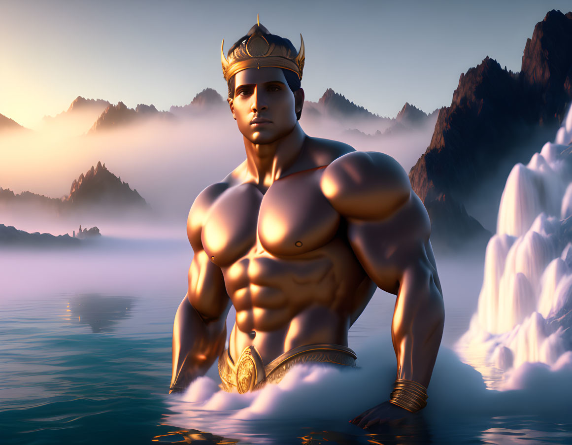 Muscular male figure with crown in misty waters at sunrise