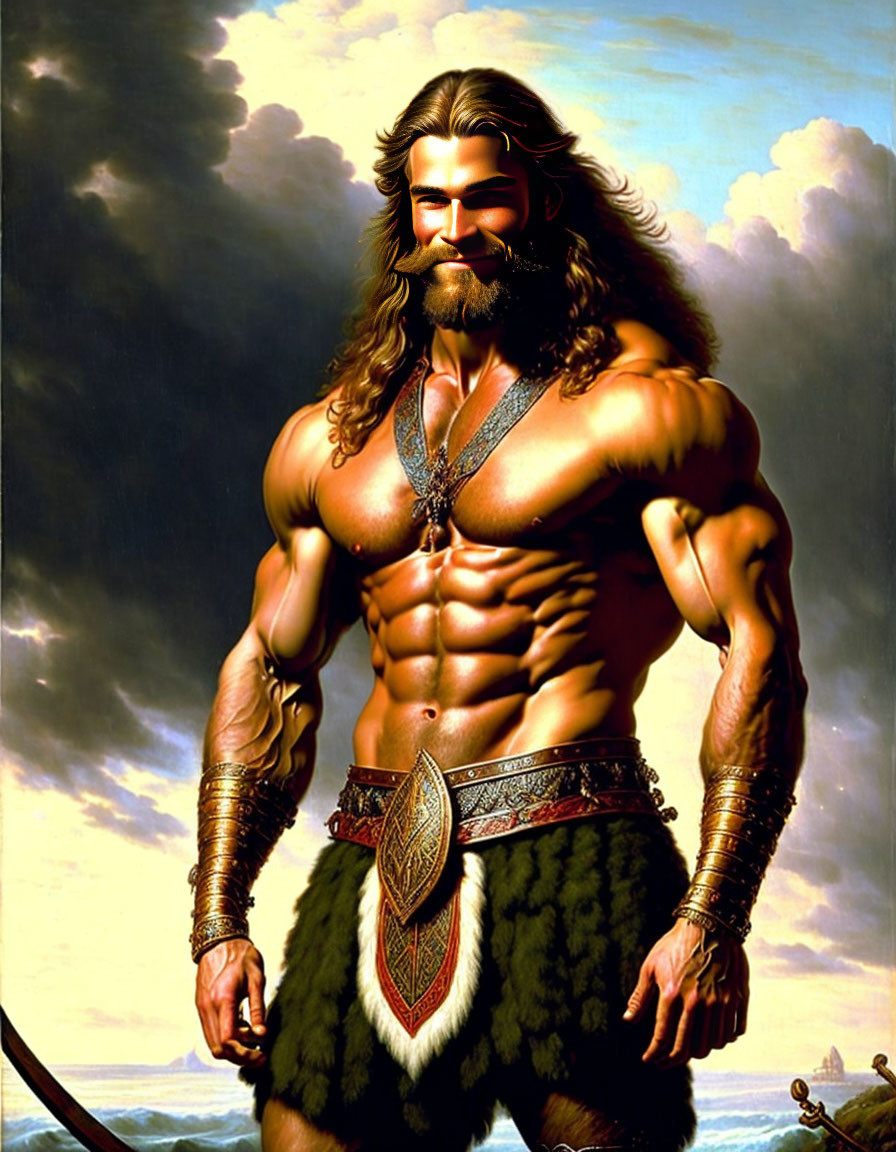 Muscular bearded man in loincloth with spear, ship, and clouds illustration