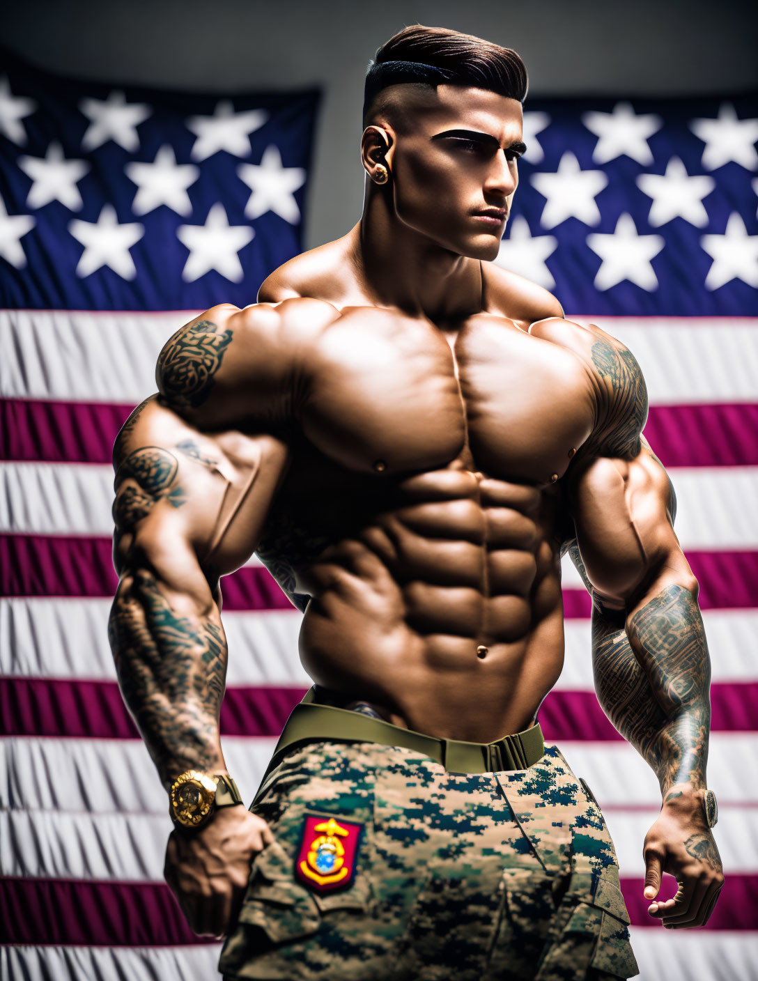 Muscular man with tattoos posing in front of American flag wearing military attire