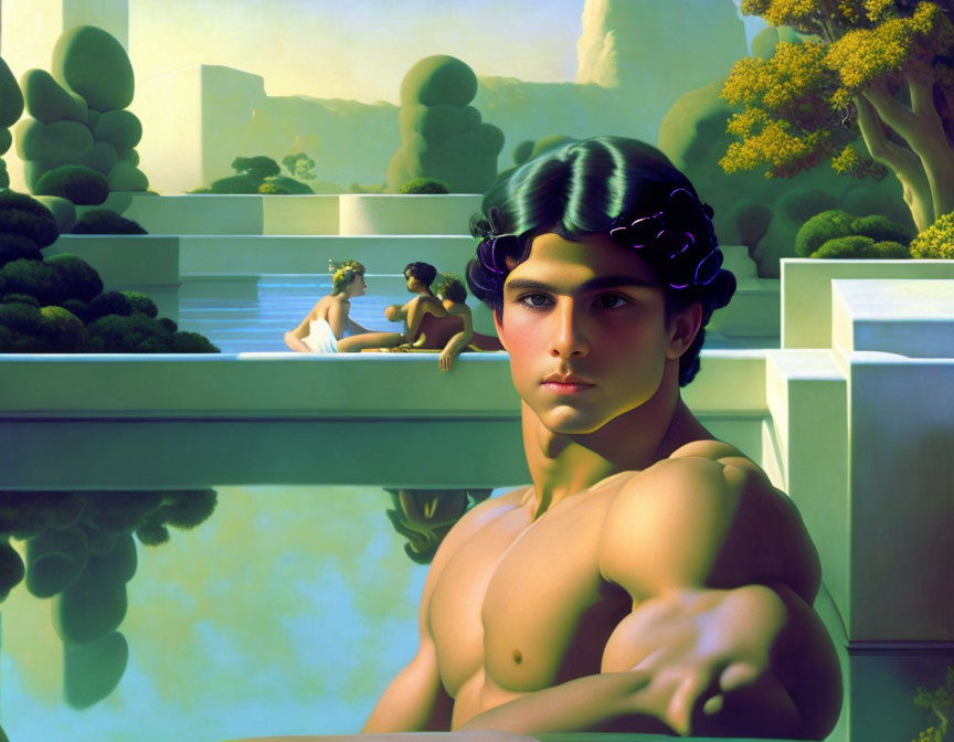 Muscular figure with laurel wreath in surreal portrait by serene water scenery