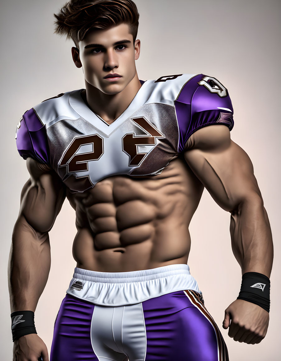 Muscular athlete in purple and white football uniform posing confidently