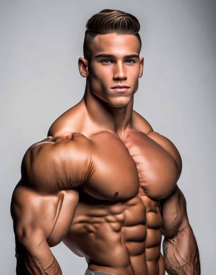 Muscular man with sculpted physique and styled hair posing on neutral background