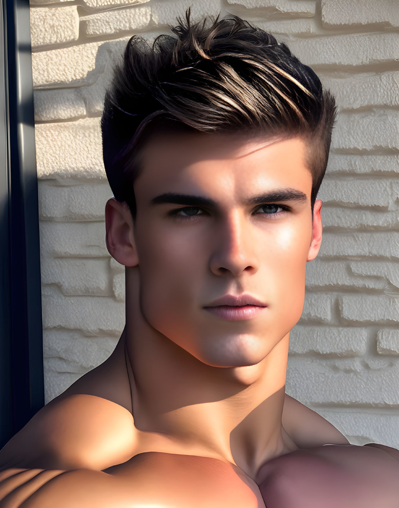 3D-rendered male with styled hair and bare upper body against brick wall, partially shadowed