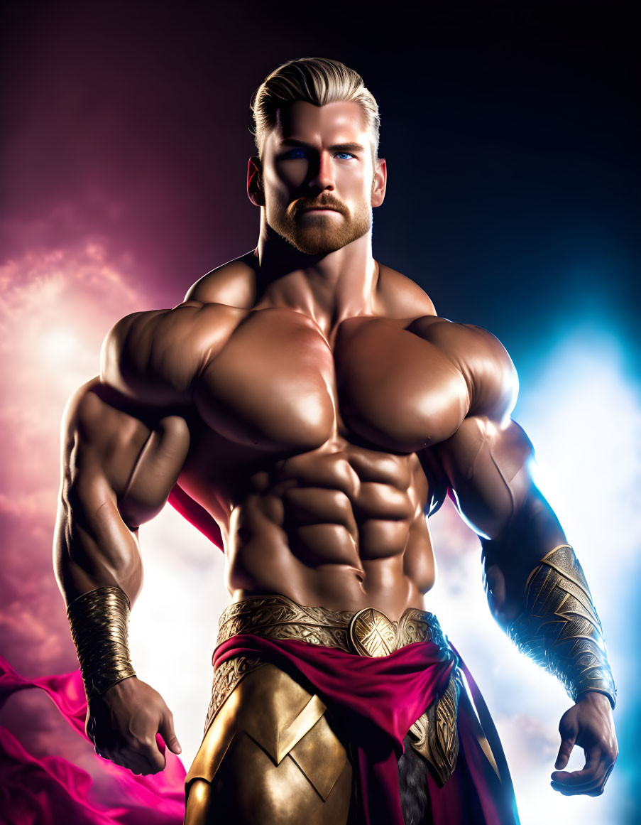 Blond Male Superhero in Red Cape and Golden Armor Stand pose