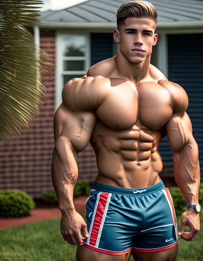 Muscular man with defined abs and arms poses in sporty shorts outdoors.