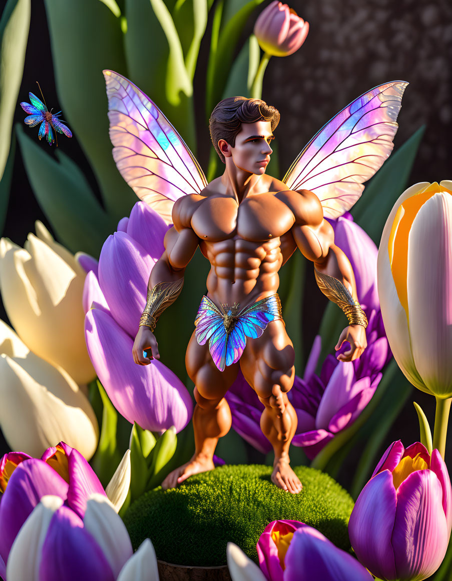 Muscular fairy with iridescent wings in colorful attire among tulips and dragonfly.