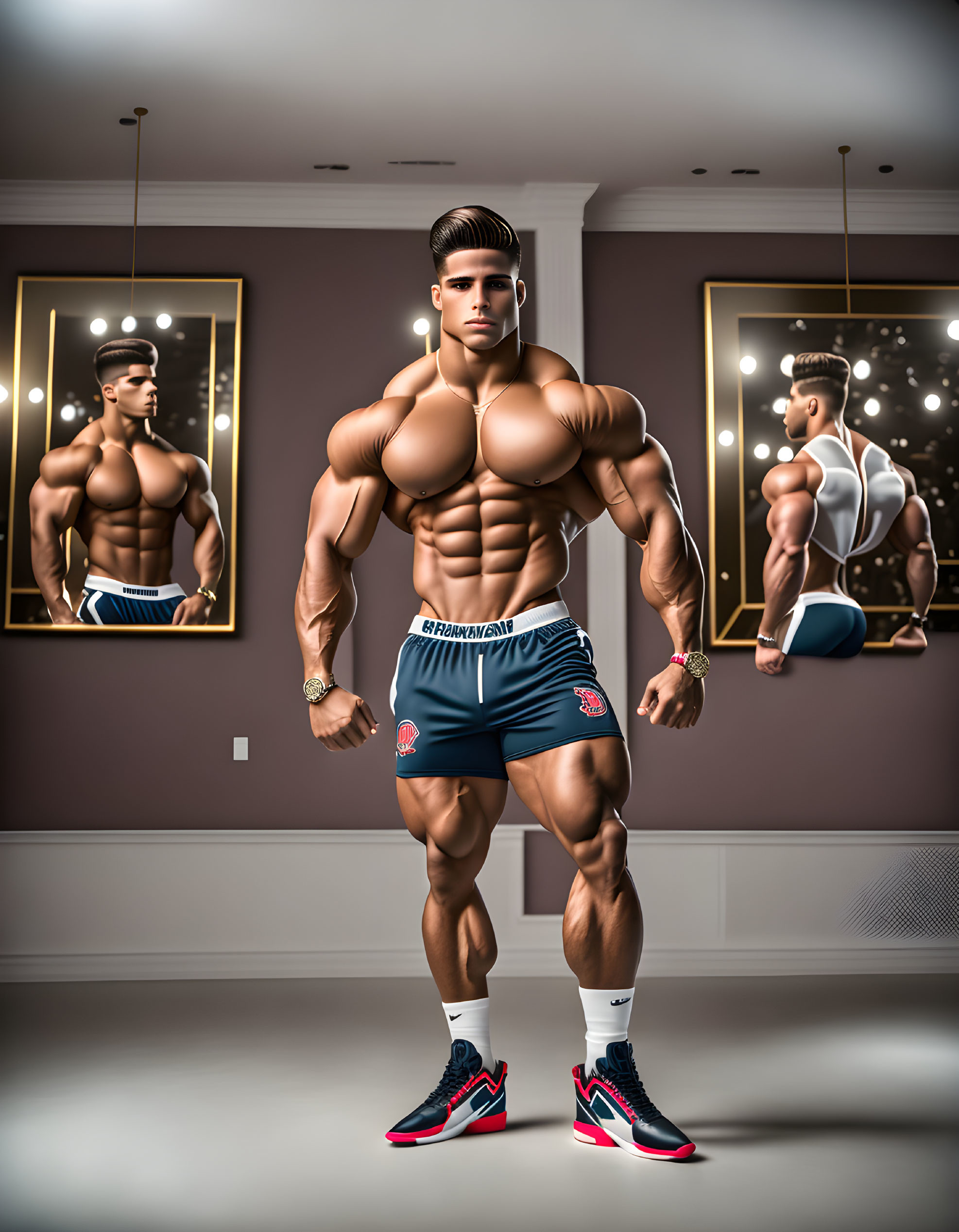 Muscular man in athletic wear posing in mirrored room