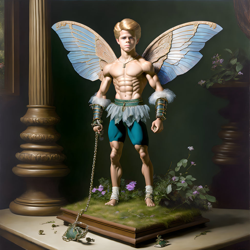 Muscular male figure with butterfly wings on grassy base with flowers and chain