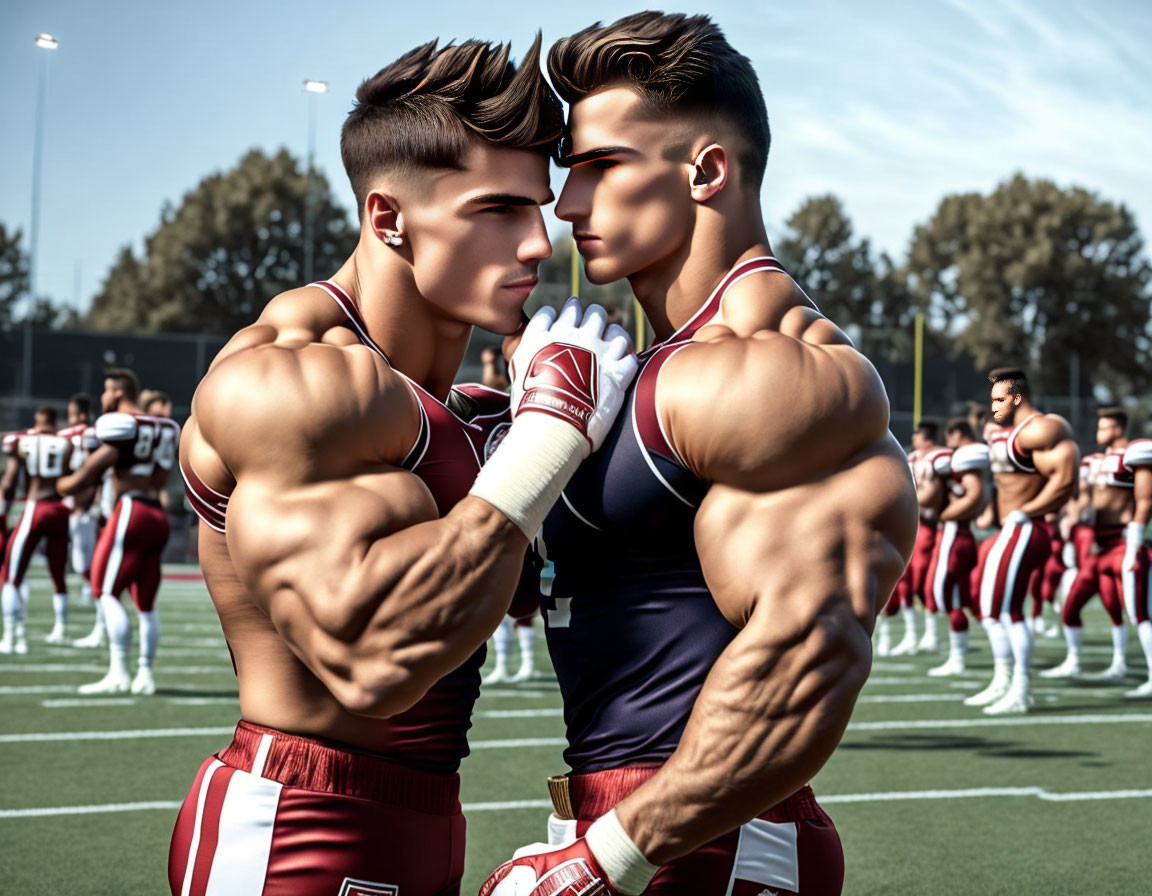 Muscular animated football players in confrontational pose on field