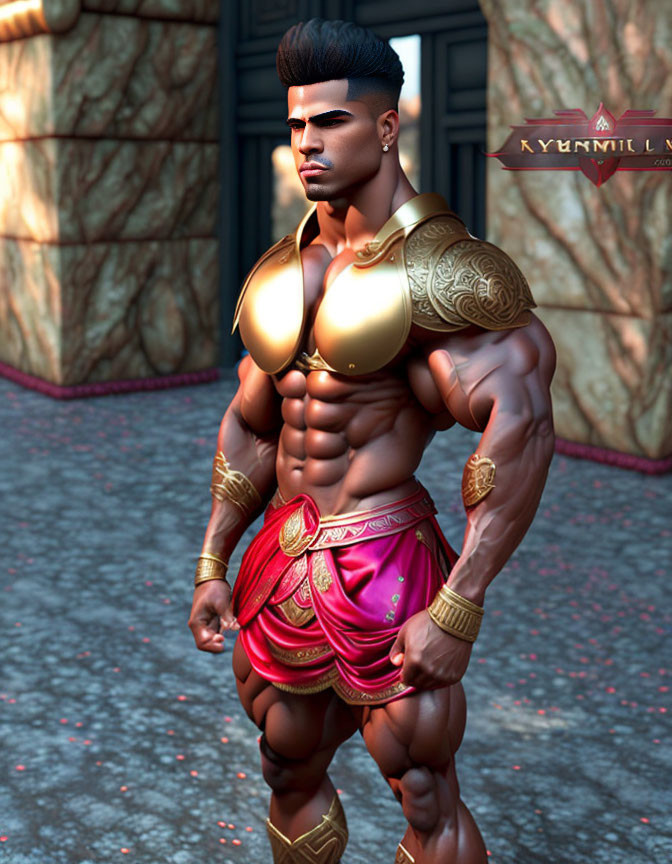 Muscular animated character in golden armor and red loincloth before marble structure