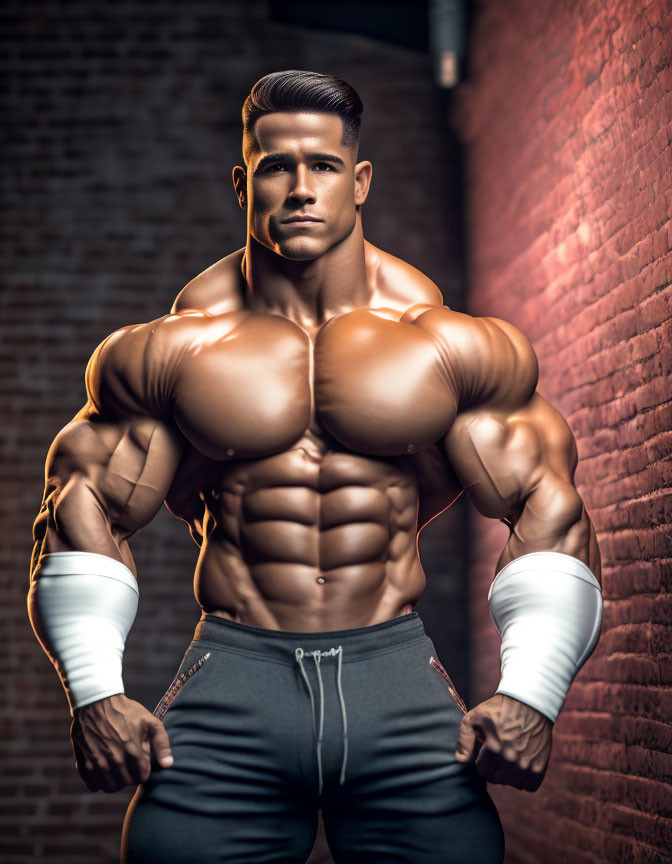 Muscular man in sports attire poses in front of brick wall