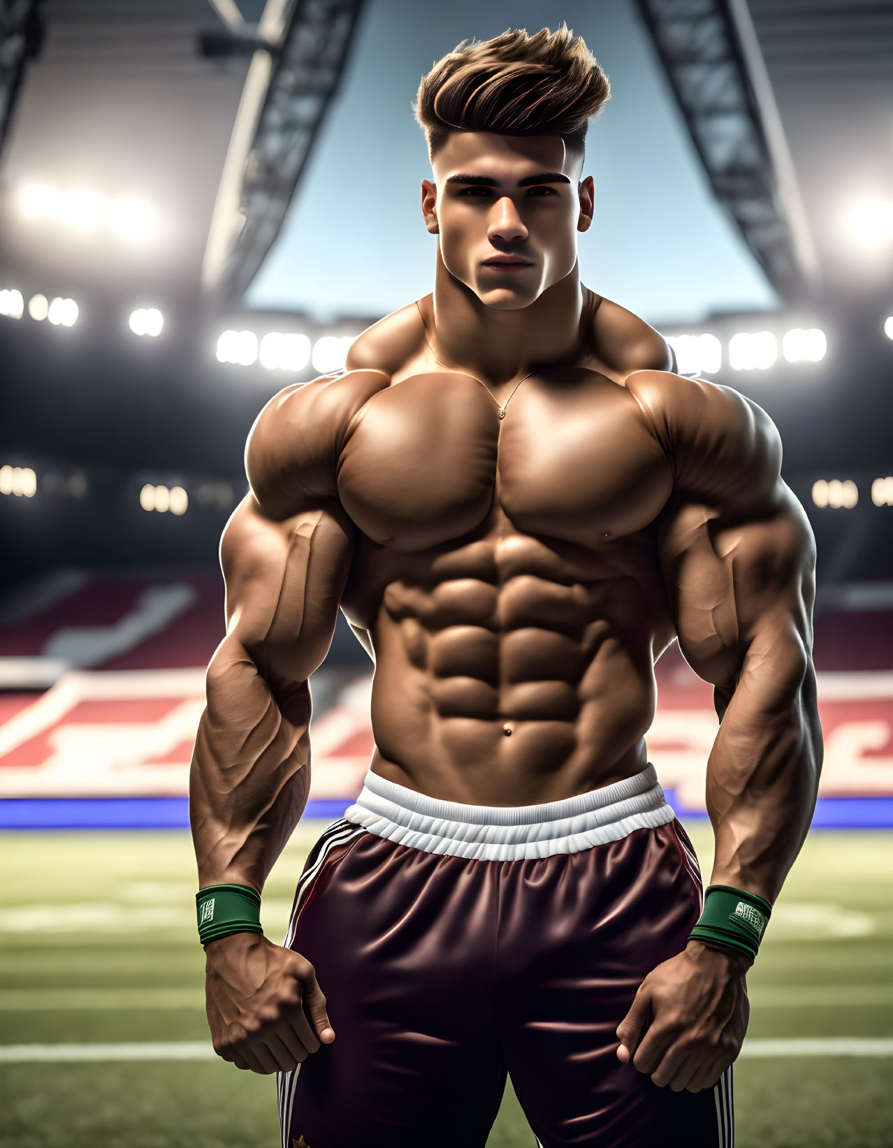 Muscular individual with six-pack in athletic stadium with wristbands