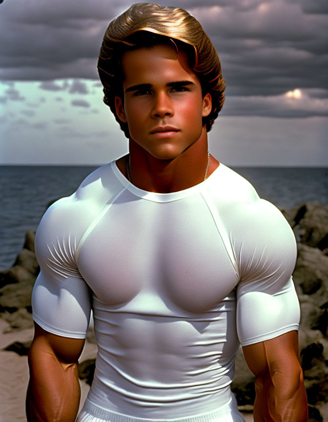 Muscular person in white shirt posing against cloudy sky and rocky shore