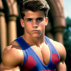 Styled hair young man in sleeveless athletic top displays muscular arms confidently.