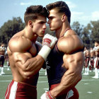 Muscular animated football players in confrontational pose on field