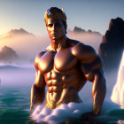 Muscular male figure with crown in misty waters at sunrise