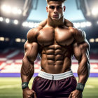 Muscular individual with six-pack in athletic stadium with wristbands