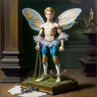 Muscular male figure with butterfly wings on grassy base with flowers and chain