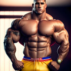 Muscular animated character with tattoos and styled hair in yellow pants.