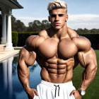 Muscular man in white shorts by poolside with luxury house.