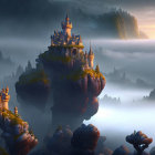 Fantastical floating islands with castles and towers against misty mountains at sunrise