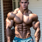 Muscular man with defined abs and muscles posing in shorts and watch by house.