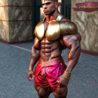 Muscular animated character in golden armor and red loincloth before marble structure