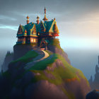 Fantasy castle on cliffs at sunset with winding road and soaring bird