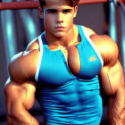 Athletic person with styled hair in blue sleeveless top flexing arms confidently