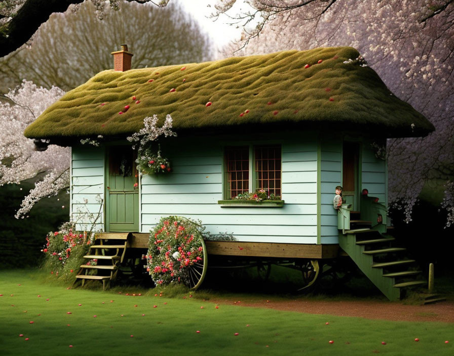 Charming green cottage with thatched roof amid cherry trees and garden