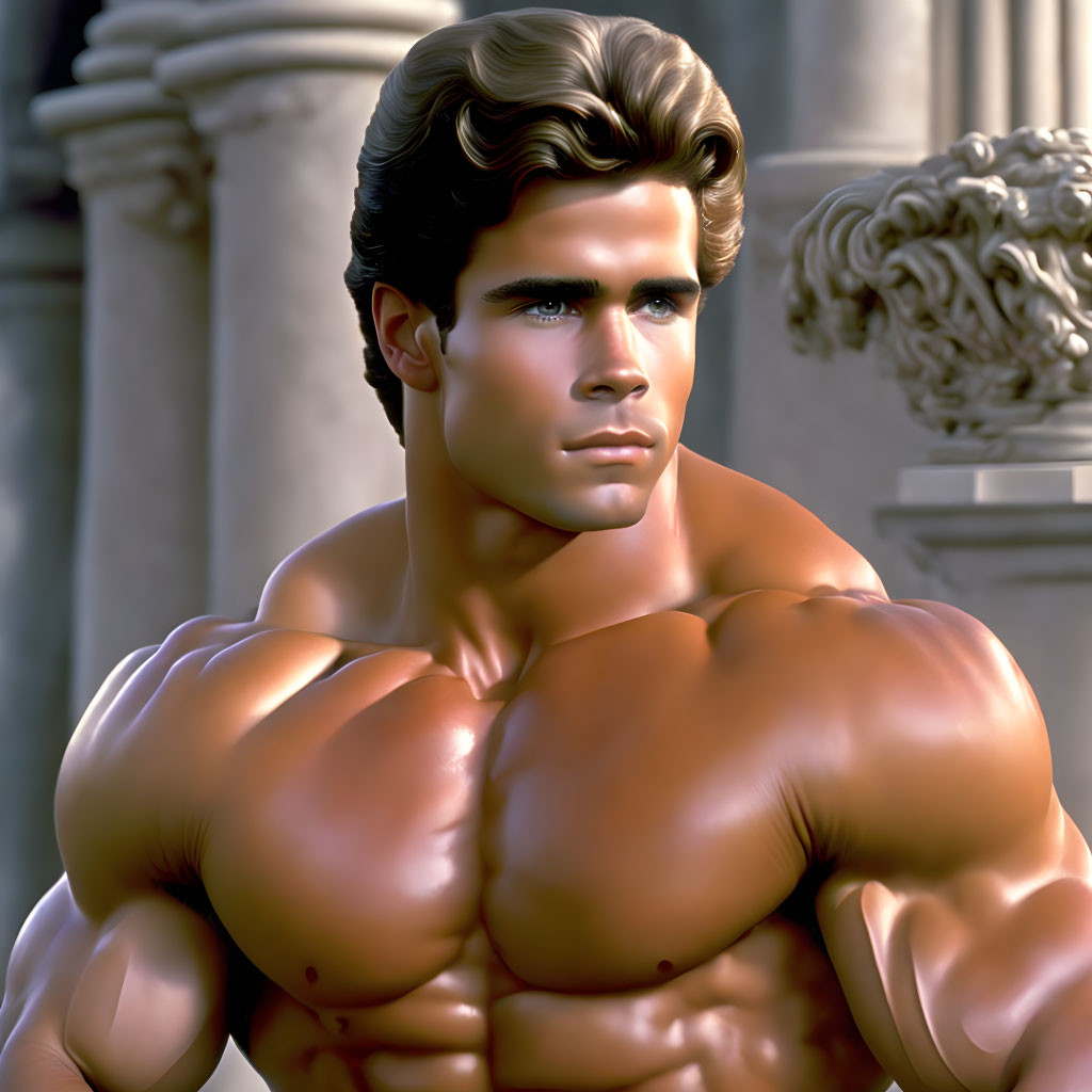 Muscular Male Figure with Abs Against Classical Architecture