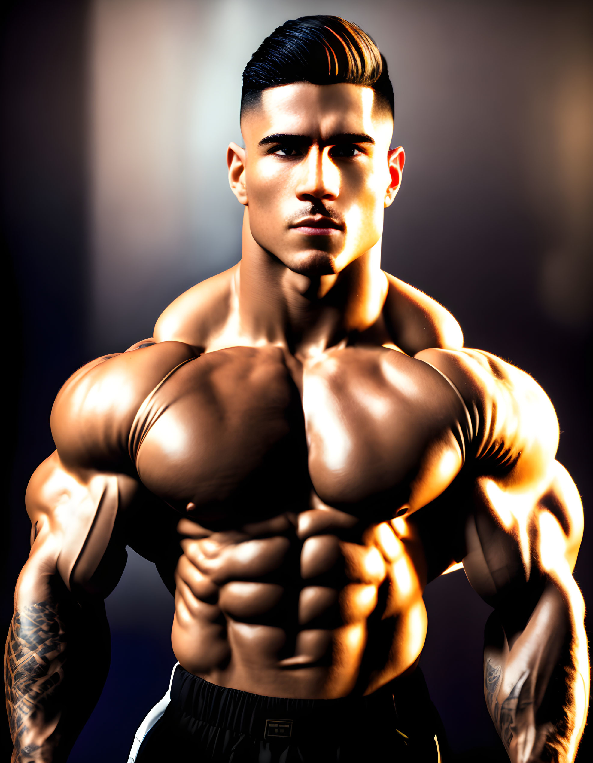 Tattooed muscular person posing confidently in dark setting